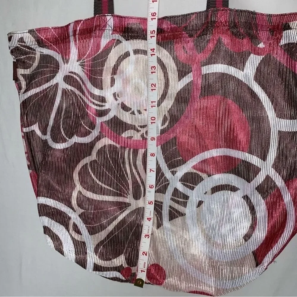 Mesh Beach Tote Bag Brown Pink White Top Handle Summer Pool Shoulder Picnic